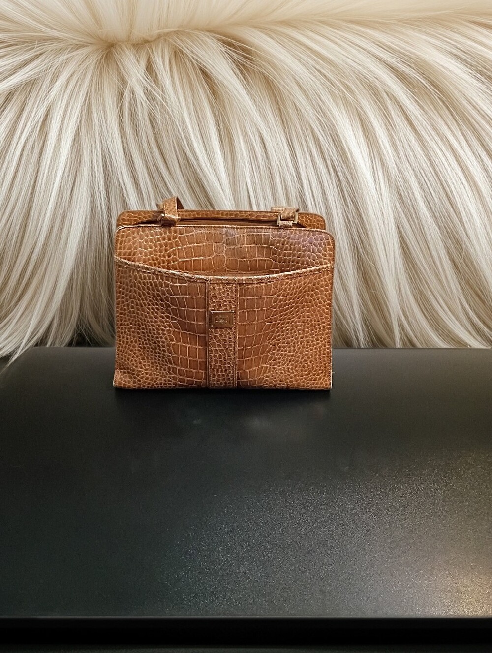 Liz Claiborne Brown Croc-Embossed Leather Handbag Plate